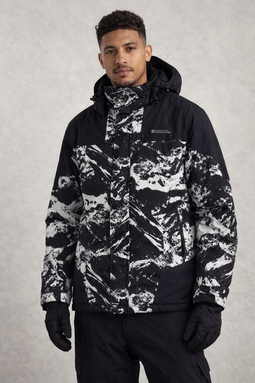 Mountain Warehouse Ski Jacket Mens XS Black Printed Hooded Winter Coat